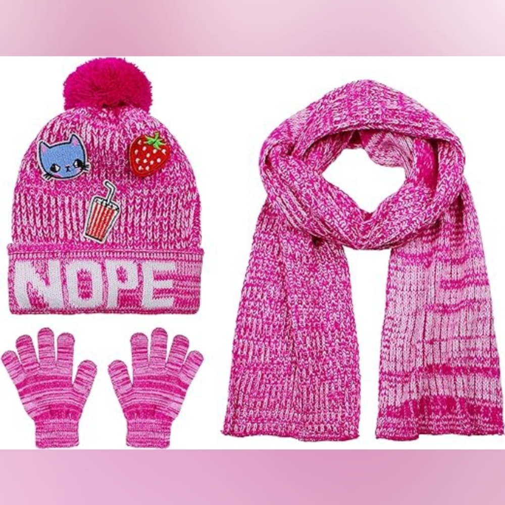 Girls' Knitted Hat, Scarf and Gloves Set, Fuchsia (1278 V2), One Size